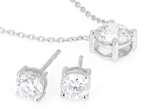 Round Lab-Grown Diamond G-H VS Rhodium Over Silver Solitaire Necklace and Stud Earrings 2.25ctw
