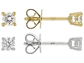 Round Lab-Grown Diamond G-H VS Rhodium and 14K YG Over Silver Solitaire Stud Earrings 2 Pairs .50ctw