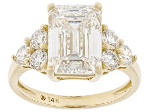 Certified Emerald Cut and Round White Lab-Grown Diamond H SI2 14K Yellow Gold Ring 5.25ctw
