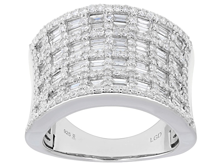 Round and Baguette White Lab-Grown Diamond H SI Rhodium Over Sterling Silver Ring 2.00ctw