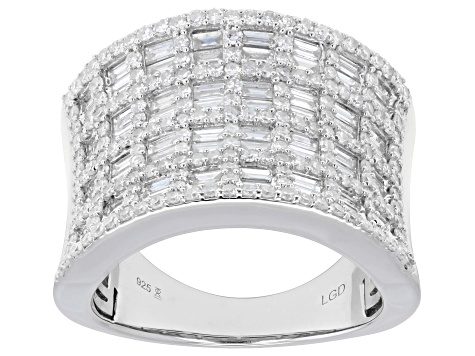 Round and Baguette White Lab-Grown Diamond H SI Rhodium Over Sterling Silver Ring 2.00ctw