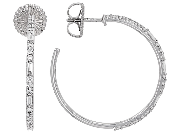 Round and Baguette White Lab-Grown Diamond H SI Rhodium Over Sterling Silver J-Hoop Earrings 1.00ctw