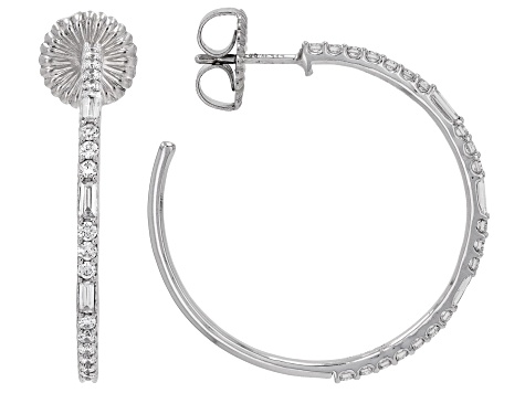 Round and Baguette White Lab-Grown Diamond H SI Rhodium Over Sterling Silver J-Hoop Earrings 1.00ctw