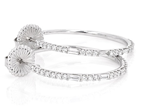 Round and Baguette White Lab-Grown Diamond H SI Rhodium Over Sterling Silver J-Hoop Earrings 1.00ctw