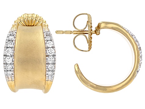 White Lab-Grown Diamond H SI 14K Yellow Gold Over Silver Sandblast Finish J-Hoop Earrings 0.50ctw
