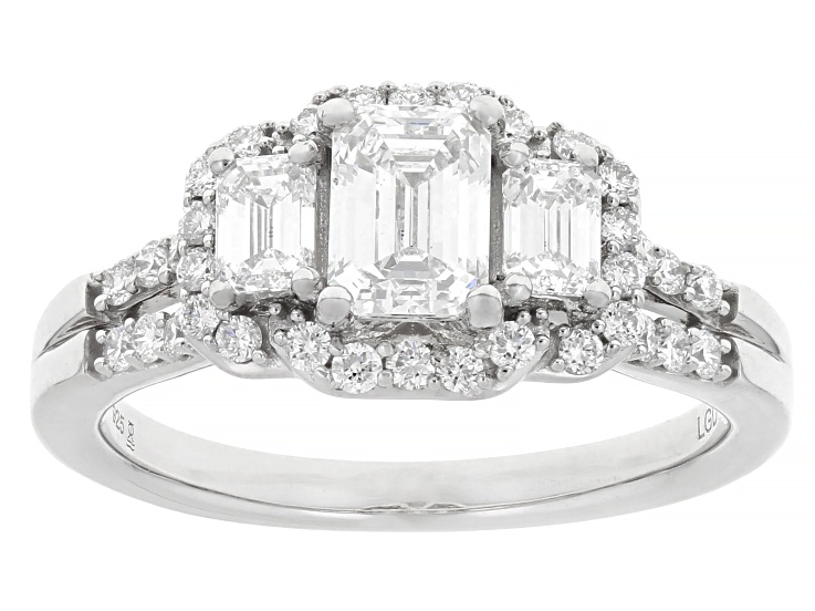 Emerald Cut and Round White Lab-Grown Diamond H SI Rhodium Over Sterling Silver Ring 1.50ctw