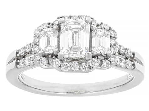 Emerald Cut and Round White Lab-Grown Diamond H SI Rhodium Over Sterling Silver Ring 1.50ctw