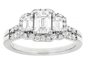 Emerald Cut and Round White Lab-Grown Diamond H SI Rhodium Over Sterling Silver Ring 1.50ctw