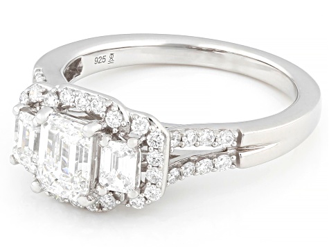 Emerald Cut and Round White Lab-Grown Diamond H SI Rhodium Over Sterling Silver Ring 1.50ctw