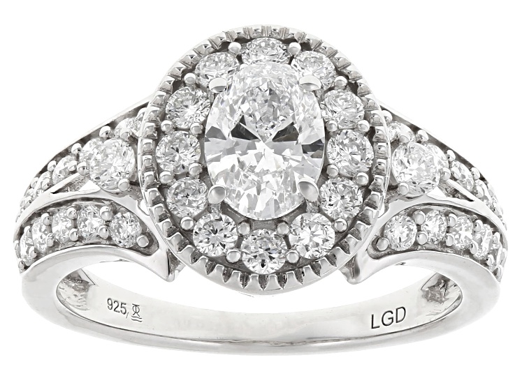 Oval and Round White Lab-Grown Diamond H SI Rhodium Over Sterling Silver Halo Ring 1.50ctw