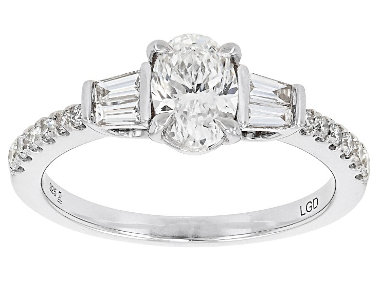 Oval, Baguette and Round White Lab-Grown Diamond H SI Rhodium Over Sterling Silver Ring 1.00ctw