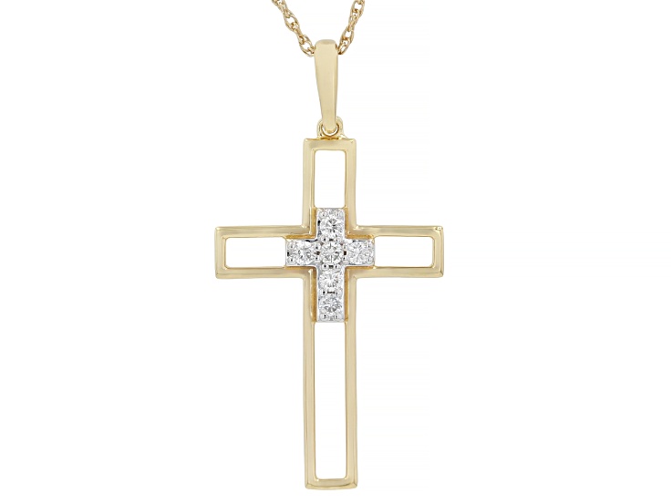 White Lab-Grown Diamond H SI 14K Yellow Gold Over Silver Cross Pendant With Chain 0.10ctw