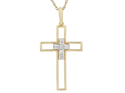 White Lab-Grown Diamond H SI 14K Yellow Gold Over Silver Cross Pendant With Chain 0.10ctw