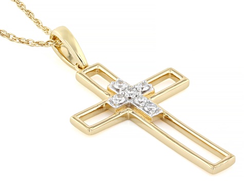 White Lab-Grown Diamond H SI 14K Yellow Gold Over Silver Cross Pendant With Chain 0.10ctw