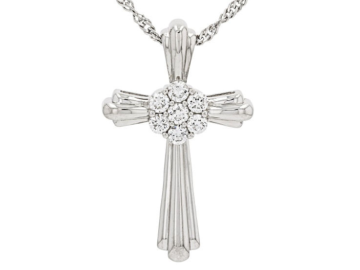 White Lab-Grown Diamond H SI Rhodium Over Sterling Silver Cross Pendant With Chain 0.50ctw