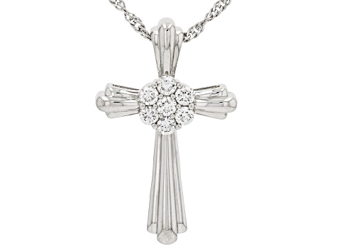 White Lab-Grown Diamond H SI Rhodium Over Sterling Silver Cross Pendant With Chain 0.50ctw