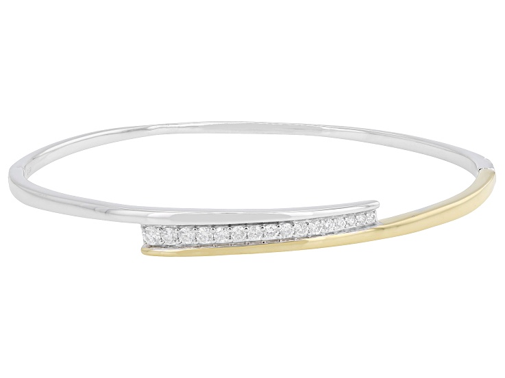 White Lab-Grown Diamond H SI2 14K Yellow Gold and Rhodium Over Silver Bangle Bracelet 0.50ctw
