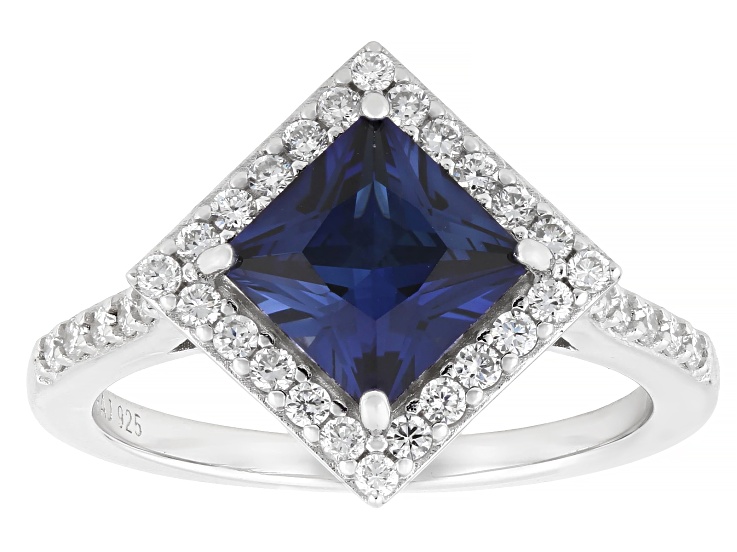 Blue Lab Sapphire and White Lab-Grown Diamond G-H SI Rhodium Over Silver Halo Ring 2.10ctw