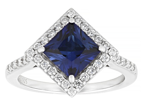 Blue Lab Sapphire and White Lab-Grown Diamond G-H SI Rhodium Over Silver Halo Ring 2.10ctw