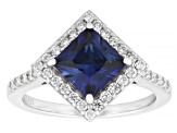 Blue Lab Sapphire and White Lab-Grown Diamond G-H SI Rhodium Over Silver Halo Ring 2.10ctw