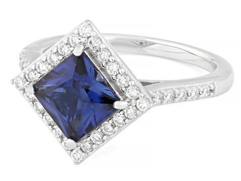 Blue Lab Sapphire and White Lab-Grown Diamond G-H SI Rhodium Over Silver Halo Ring 2.10ctw