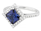 Blue Lab Sapphire and White Lab-Grown Diamond G-H SI Rhodium Over Silver Halo Ring 2.10ctw