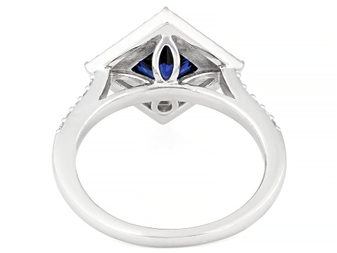 Blue Lab Sapphire and White Lab-Grown Diamond G-H SI Rhodium Over Silver Halo Ring 2.10ctw
