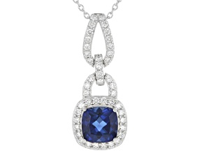 Blue Lab Sapphire and White Lab-Grown Diamond G-H SI Rhodium Over Silver Pendant With Chain 2.05ctw