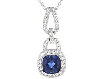 Picture of Blue Lab Sapphire and White Lab-Grown Diamond G-H SI Rhodium Over Silver Pendant With Chain 2.05ctw