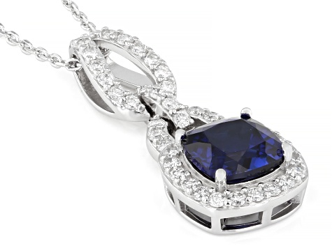 Blue Lab Sapphire and White Lab-Grown Diamond G-H SI Rhodium Over Silver Pendant With Chain 2.05ctw