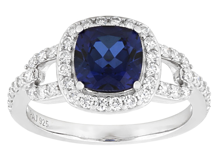 Blue Lab Sapphire and White Lab-Grown Diamond G-H SI Rhodium Over Silver Halo Ring 2.05ctw