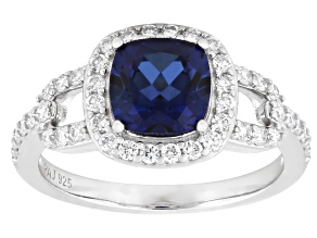 Blue Lab Sapphire and White Lab-Grown Diamond G-H SI Rhodium Over Silver Halo Ring 2.05ctw