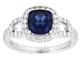 Blue Lab Sapphire and White Lab-Grown Diamond G-H SI Rhodium Over Silver Halo Ring 2.05ctw