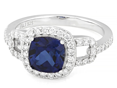 Blue Lab Sapphire and White Lab-Grown Diamond G-H SI Rhodium Over Silver Halo Ring 2.05ctw