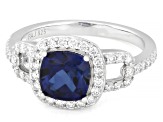 Blue Lab Sapphire and White Lab-Grown Diamond G-H SI Rhodium Over Silver Halo Ring 2.05ctw