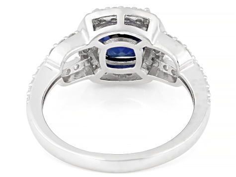 Blue Lab Sapphire and White Lab-Grown Diamond G-H SI Rhodium Over Silver Halo Ring 2.05ctw