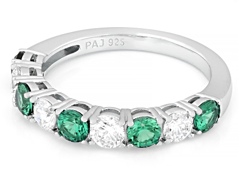 Lab Created Emerald and White Lab-Grown Diamond G-H SI Rhodium Over Silver Band Ring 1.25ctw