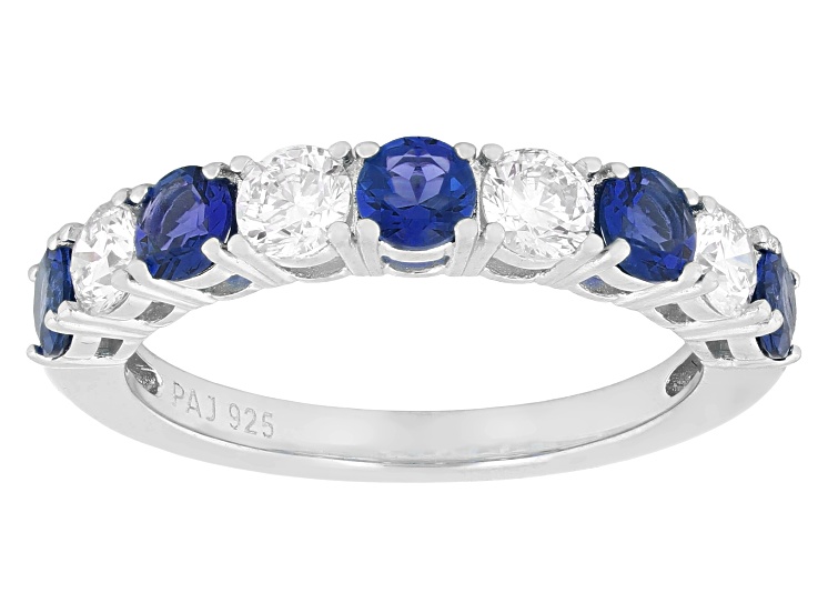 Lab Created Sapphire and White Lab-Grown Diamond G-H SI Rhodium Over Silver Band Ring 1.50ctw