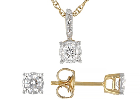 White Lab-Grown Diamond H SI 14K Yellow Gold Over Silver Stud Earring and Pendant/Chain Set 0.50ctw