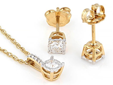 White Lab-Grown Diamond H SI 14K Yellow Gold Over Silver Stud Earring and Pendant/Chain Set 0.50ctw