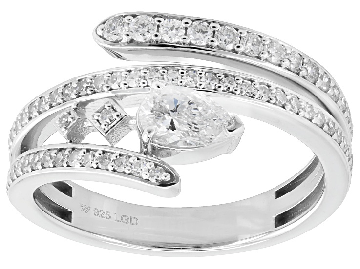 White Lab-Grown Diamond H SI 14K Rhodium Over Sterling Silver Bypass Ring 0.85ctw