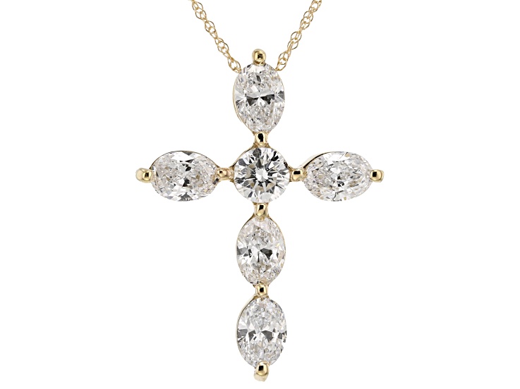 White Lab-Grown Diamond G-H SI 10K Yellow Gold Cross Pendant With Chain 1.50ctw