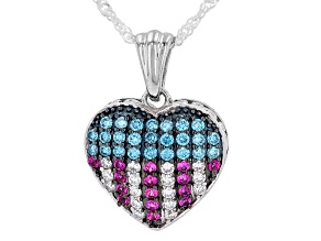 Lab Ruby, Blue and White Lab-Grown Diamond H SI Rhodium Over Silver Heart Pendant With Chain 0.70ctw