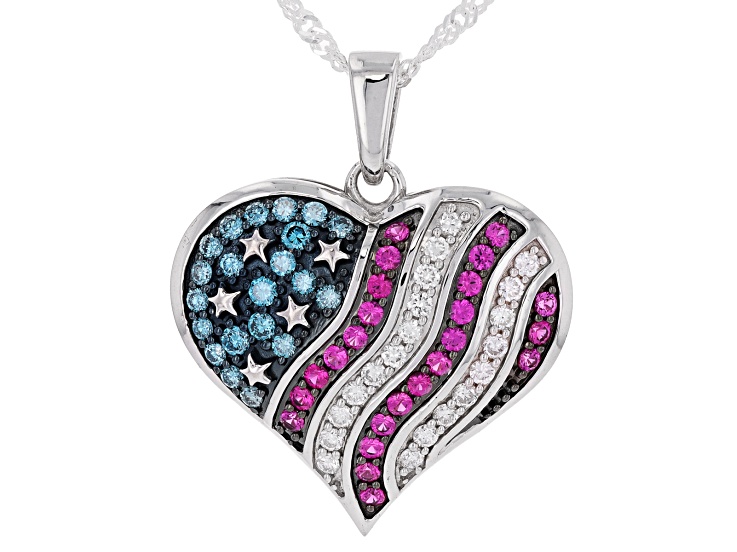 Lab Ruby, Blue and White Lab-Grown Diamond H SI Rhodium Over