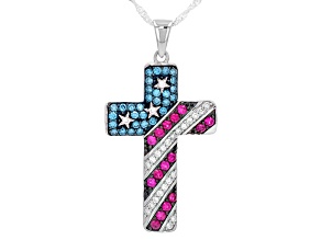 Lab Ruby, Blue and White Lab-Grown Diamond H SI Rhodium Over Silver Cross Pendant With Chain 1.45ctw