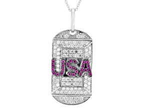 Lab Ruby, White Lab-Grown Diamond G-H SI Rhodium Over Silver USA Dog Tag Pendant/Chain 1.45ctw
