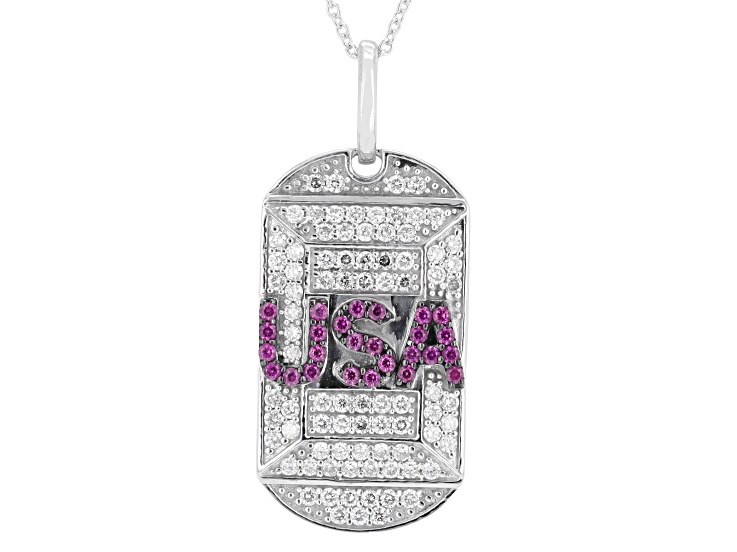 Lab Ruby, White Lab-Grown Diamond G-H SI Rhodium Over Silver USA Dog Tag Pendant/Chain 1.45ctw