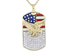 White Lab-Grown Diamond H SI2 14K Yellow Gold & Enamel Over Silver Patriotic Dog Tag Pendant 1.00ctw
