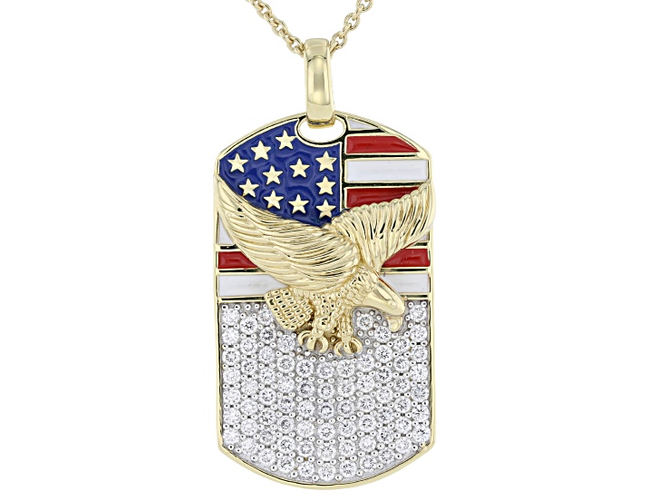 White Lab-Grown Diamond H SI2 14K Yellow Gold & Enamel Over Silver Patriotic Dog Tag Pendant 1.00ctw