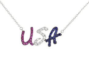 White Lab-Grown Diamond & Lab Ruby/Lab Sapphire H SI2 Rhodium Over Silver USA Station Necklace